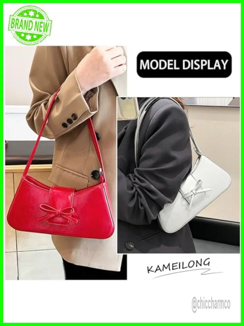 Patent Leather Hobo Shoulder Bag Y2K Bow Purse Clutch